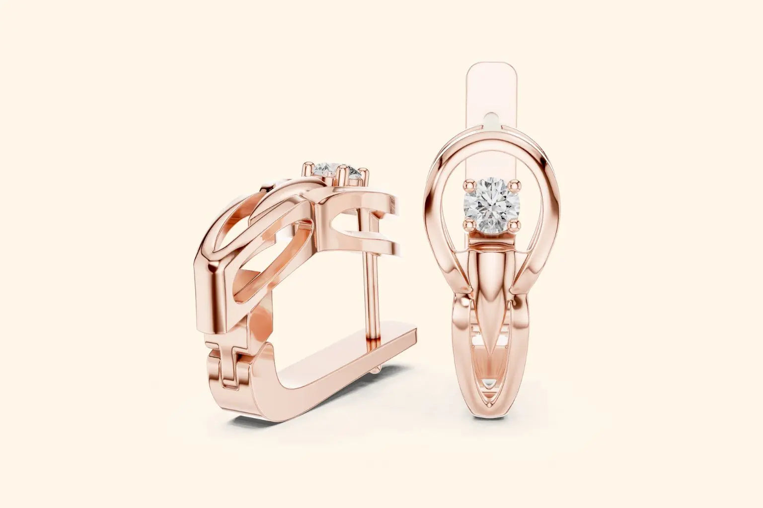 Rose gold lever back earrings with diamond accents on a white background