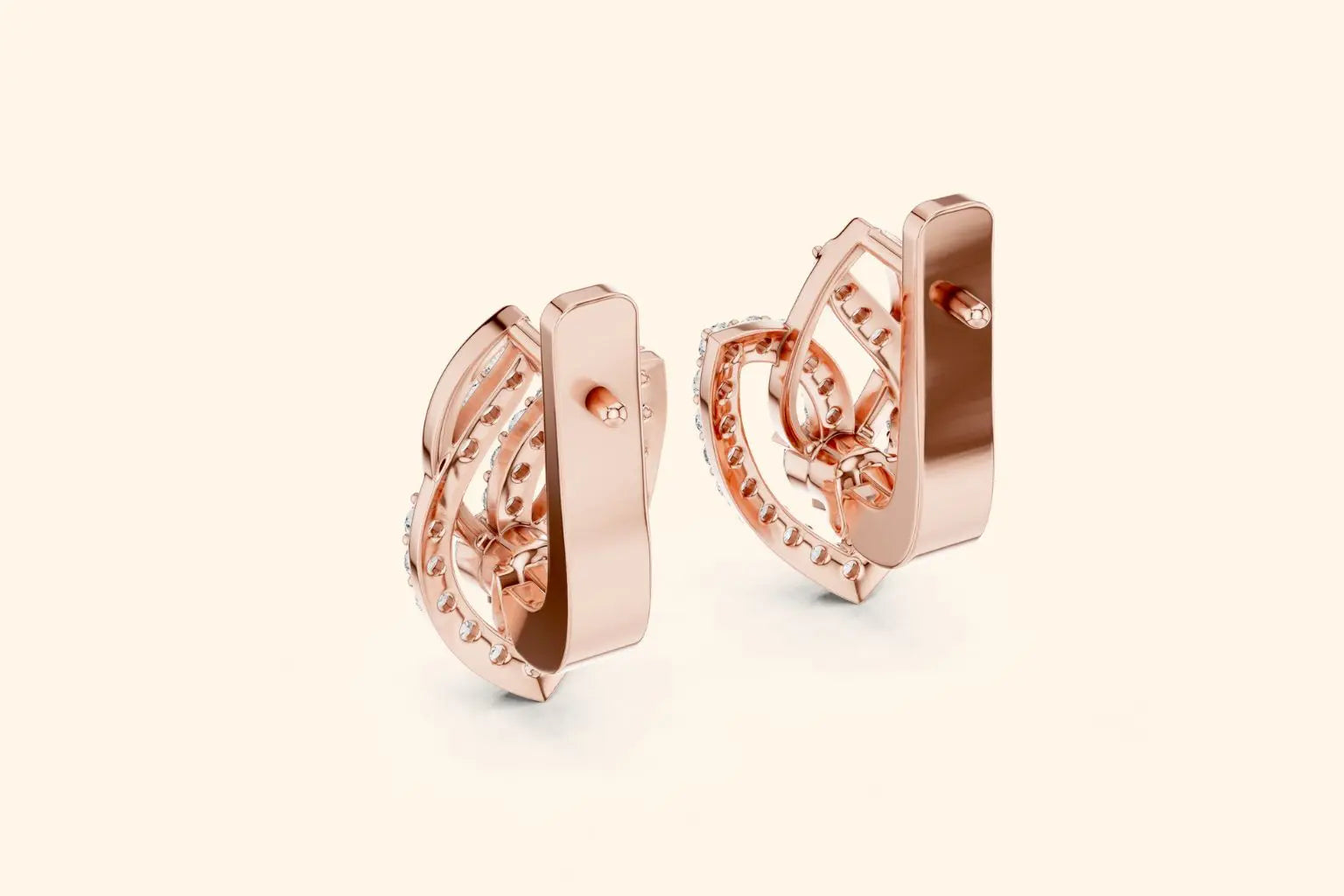 Rear view of rose gold lever back earrings, showing the hinged closure and back of the diamond-encrusted design.