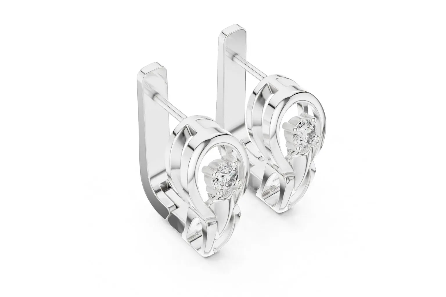 Pair of white silver lever-back earrings, each with a single round diamond.