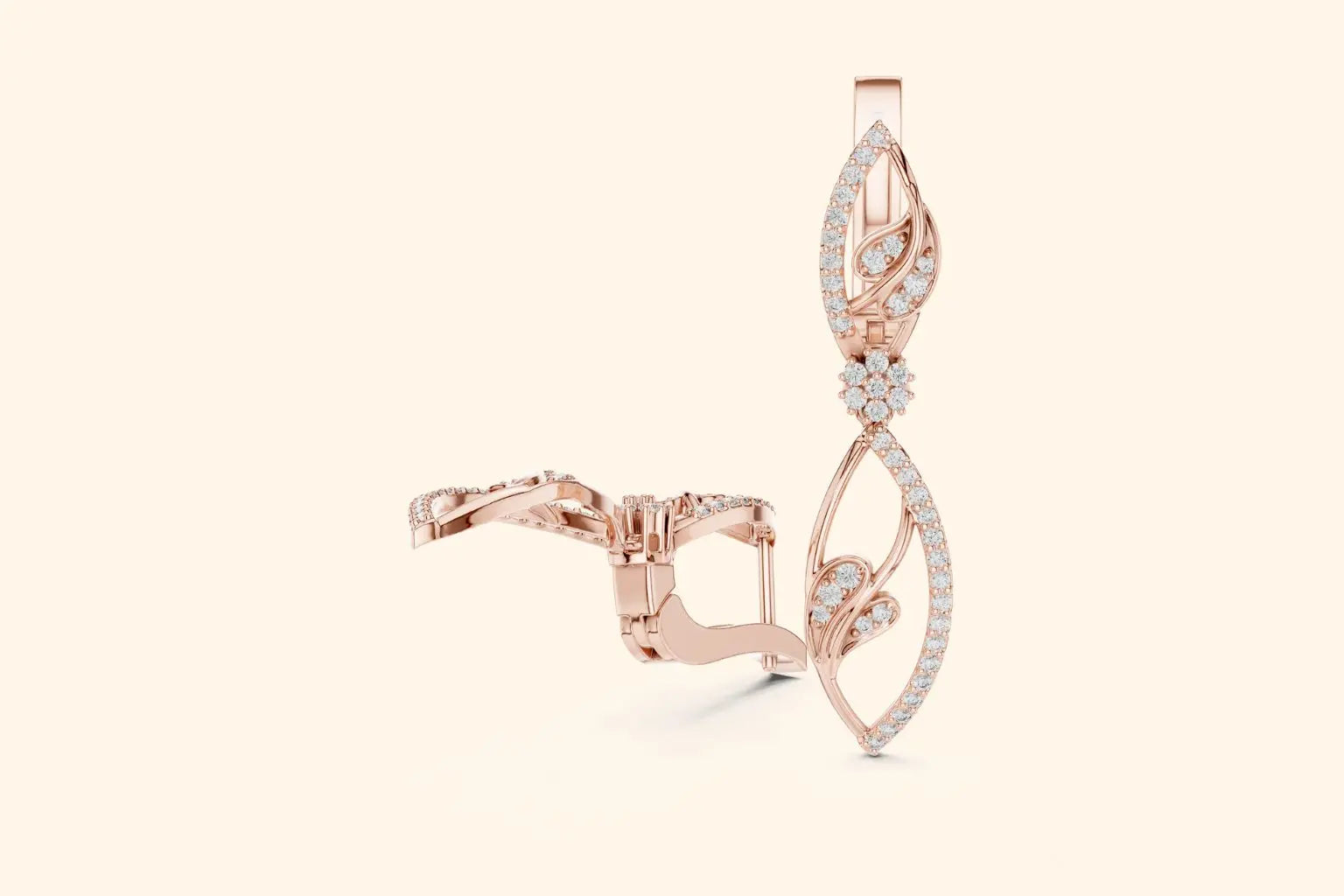 Rose gold earring with diamond accents on a light beige background