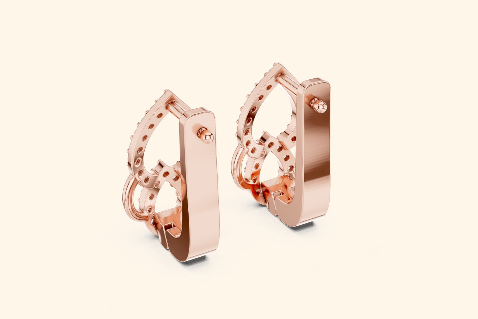 Rose gold hoop earrings on a light beige background