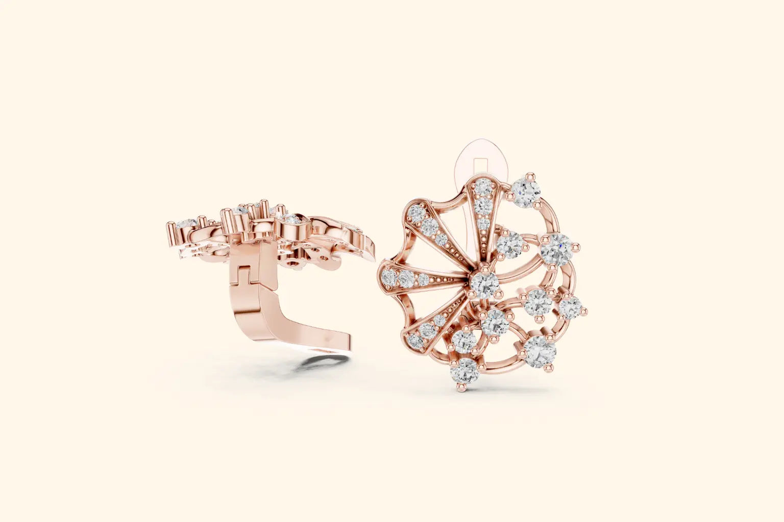 Rose gold earring with diamond accents on a light beige background