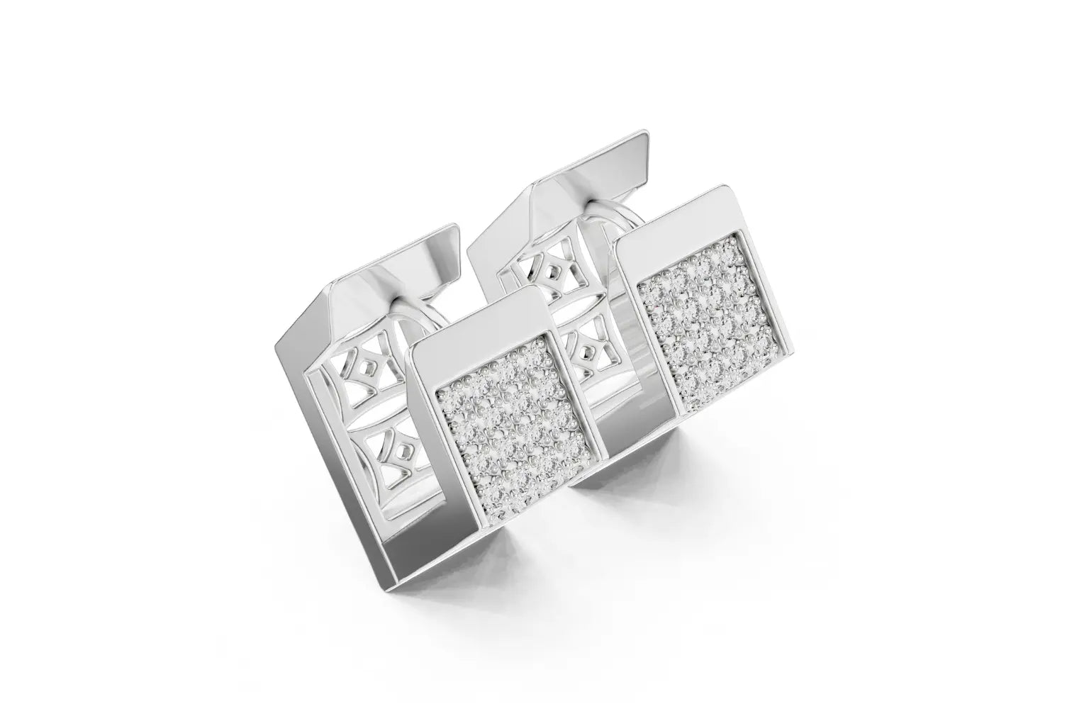 Silver ring with diamond accents on a white background