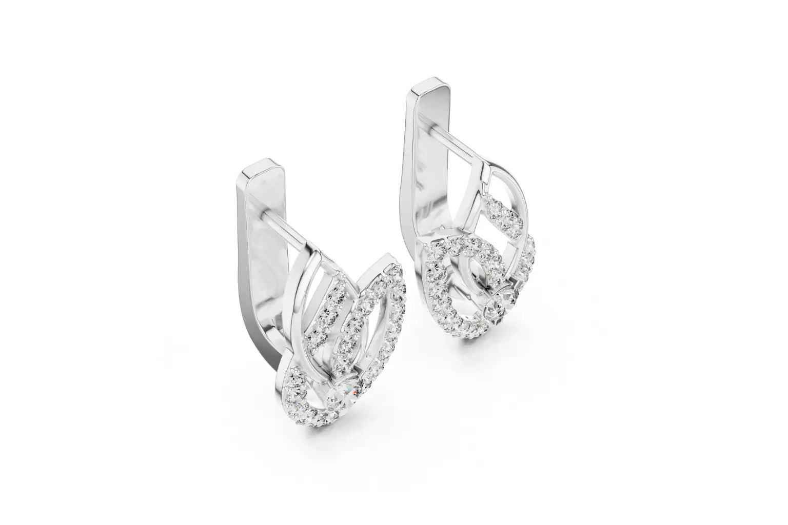 Pair of silver earrings with clear gemstones on a white background