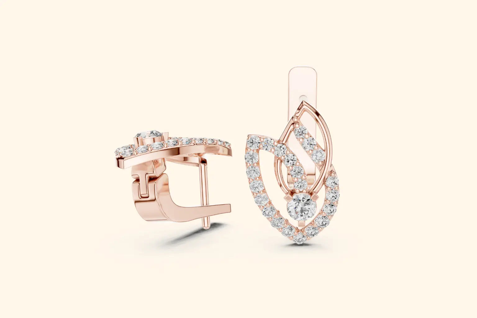 Rose gold earrings with heart design on a light beige background