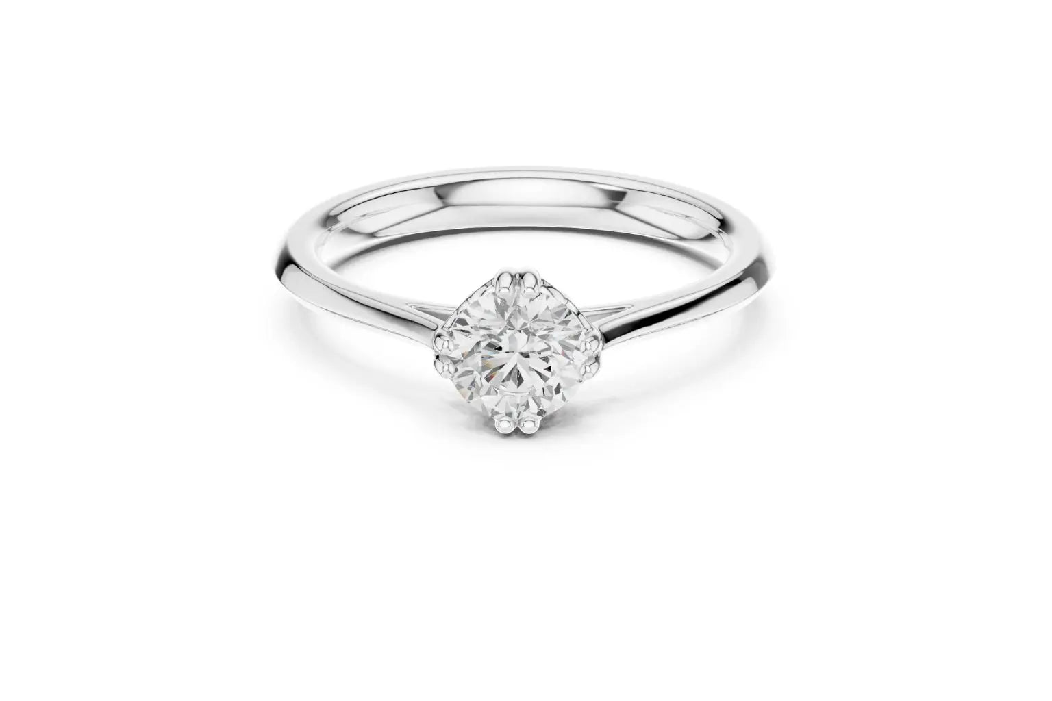 Front view of a silver-colored metal solitaire ring featuring an oval or marquise-cut diamond set horizontally in a four-prong basket on a smooth, wide, rounded band.