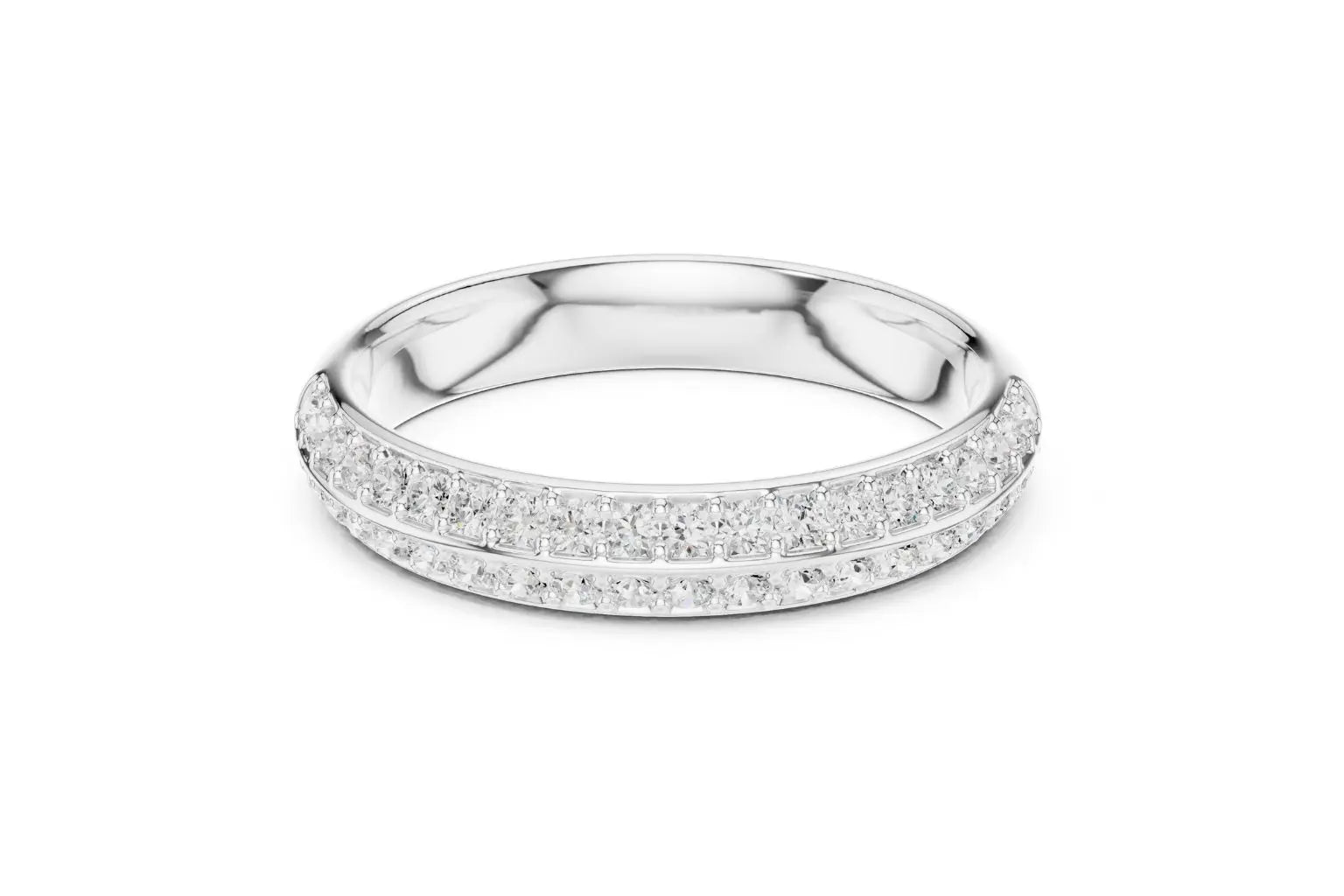 A sparkling silver eternity band ring with two full rows of pave-set round brilliant diamonds around its circumference. The band is highly reflective, and the diamonds are closely set, giving the ring a brilliant, seamless look.