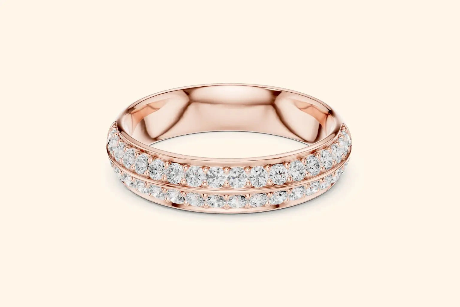 A thick, polished rose gold band ring featuring two continuous rows of pave-set round brilliant diamonds that cover the outer surface. The ring has a slightly domed profile, and the warm rose gold beautifully complements the sparkle of the diamonds.