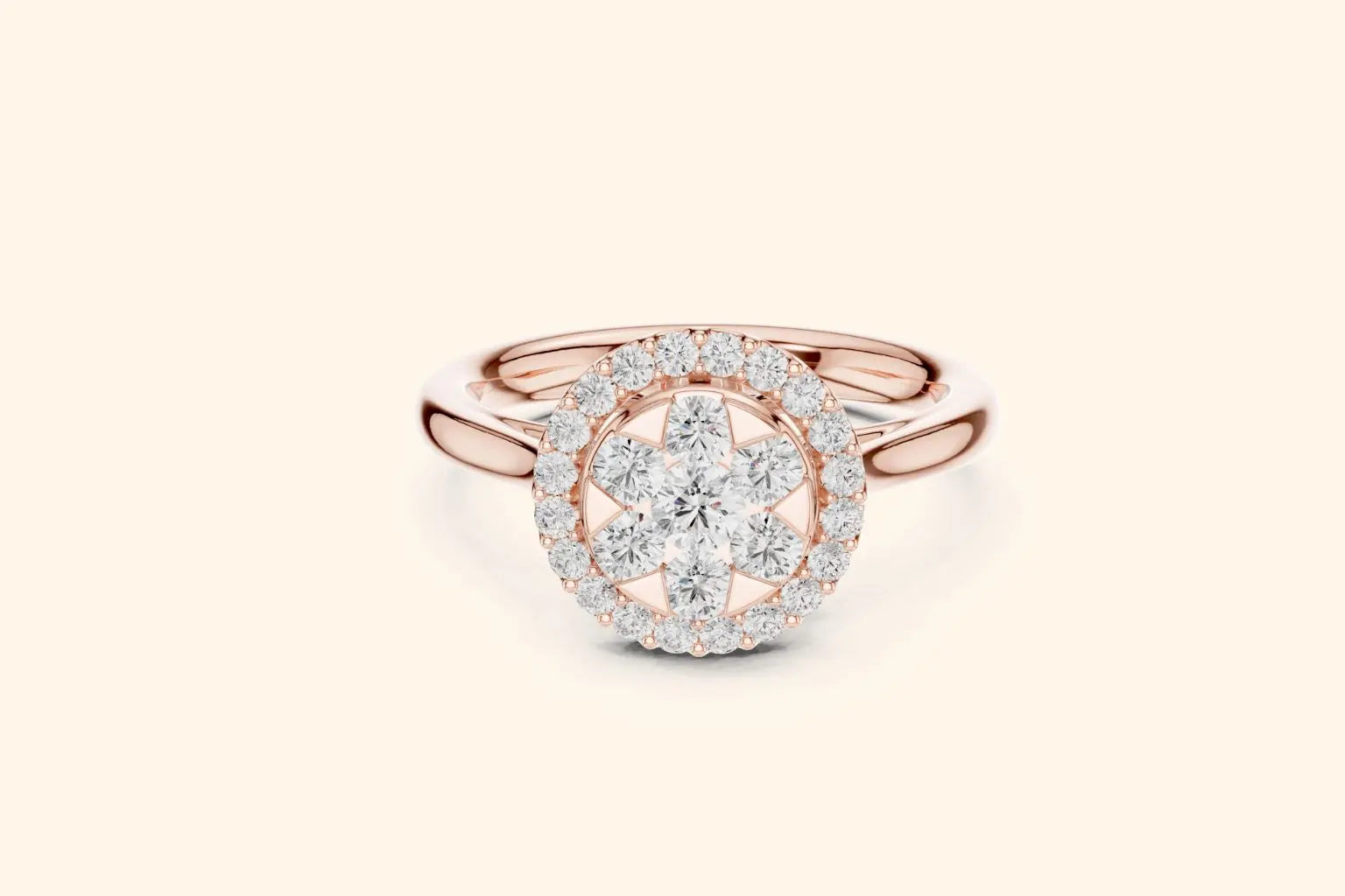 A stunning rose gold ring featuring a large, brilliant centerpiece. The center is a cluster of round diamonds set to resemble a flower or star, which is then framed by a round halo of pave-set diamonds. The ring's band is slender and polished.