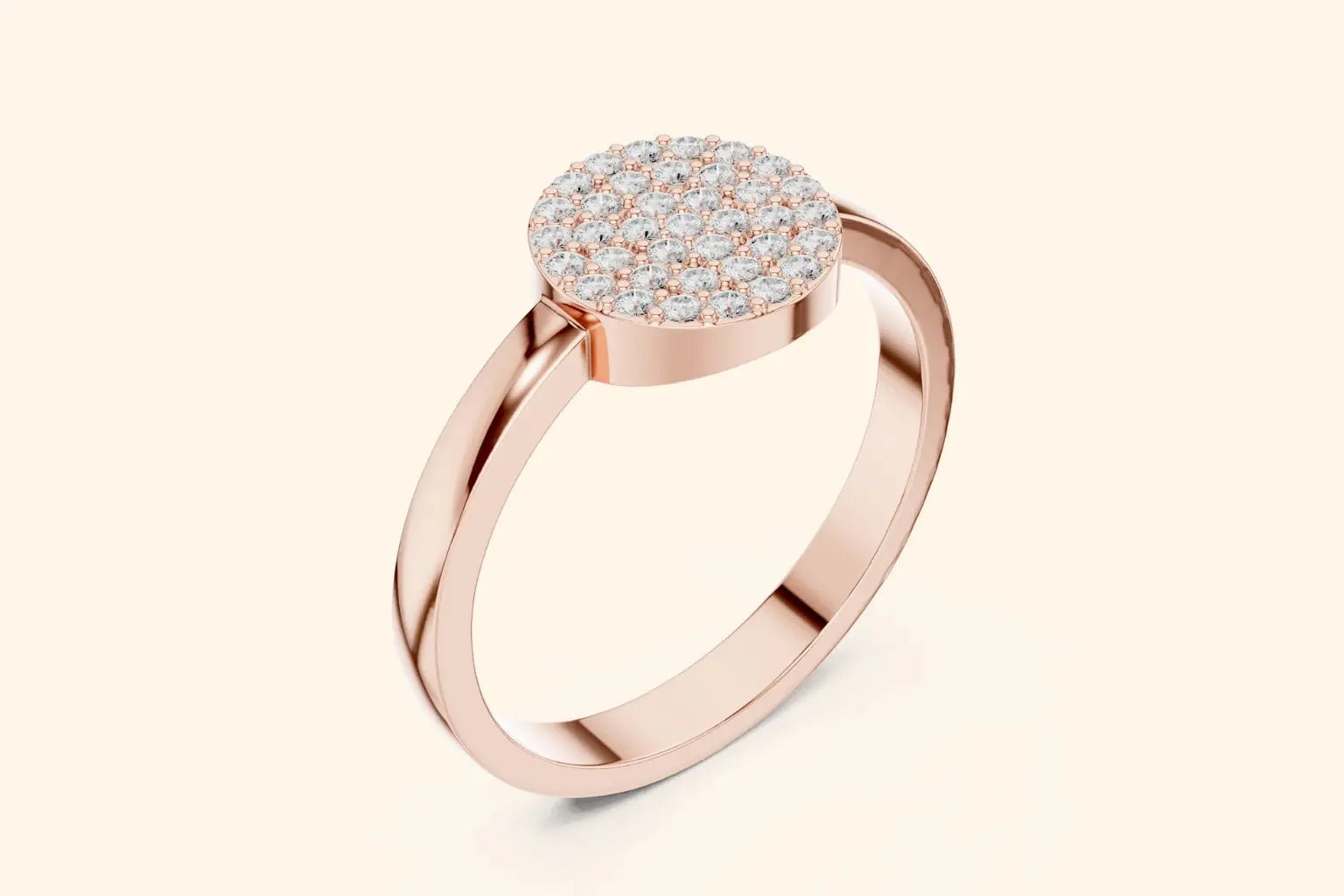 An angled three-quarter view of a polished rose gold ring. The design features a large, round plate completely covered in pave-set diamonds, elevated on a thick, shiny band.