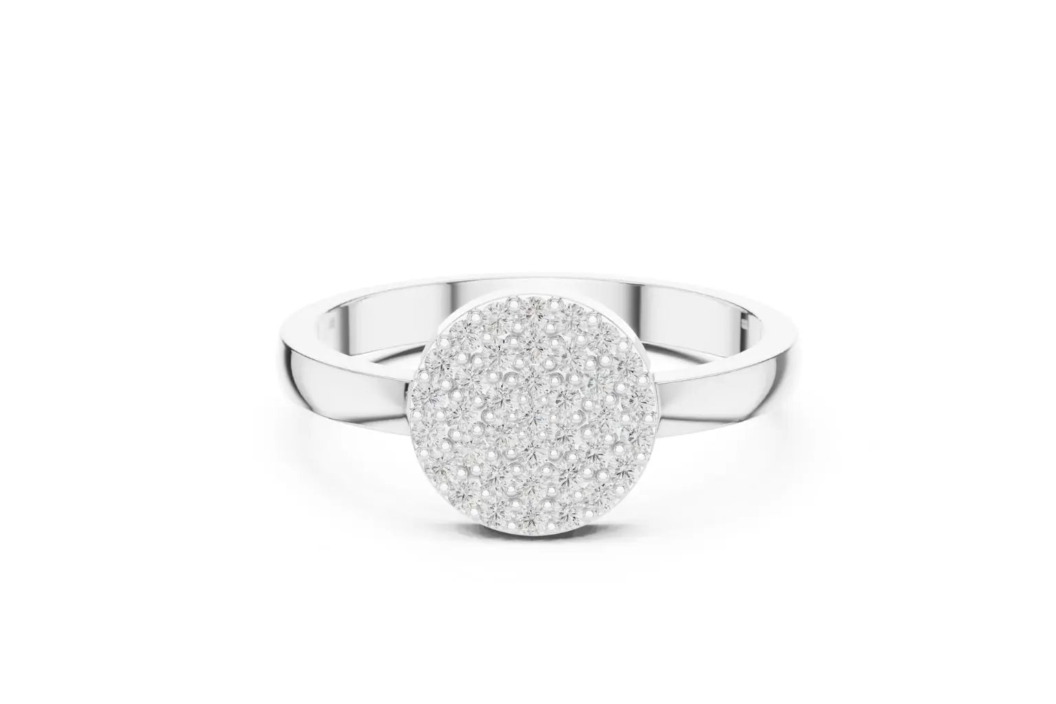 A front view of a statement ring in polished silver or white gold. The head of the ring is a large, flat oval or round shape entirely covered in a field of pave-set diamonds.