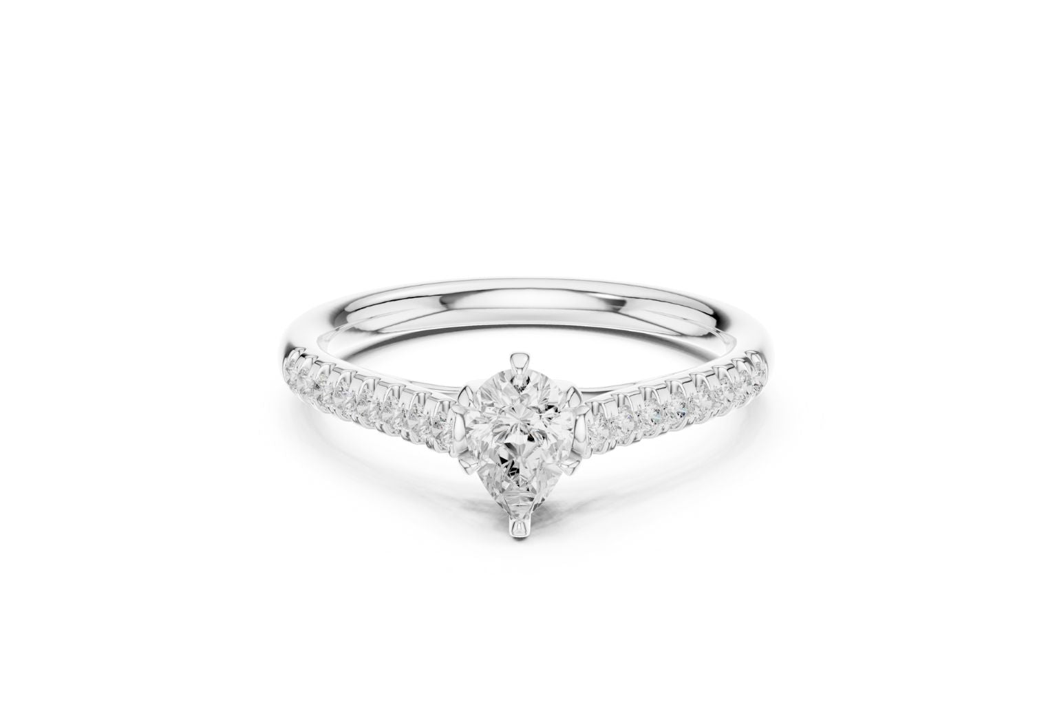 Silver engagement ring with a pear-shaped diamond center stone and pave diamond band, isolated on white background.