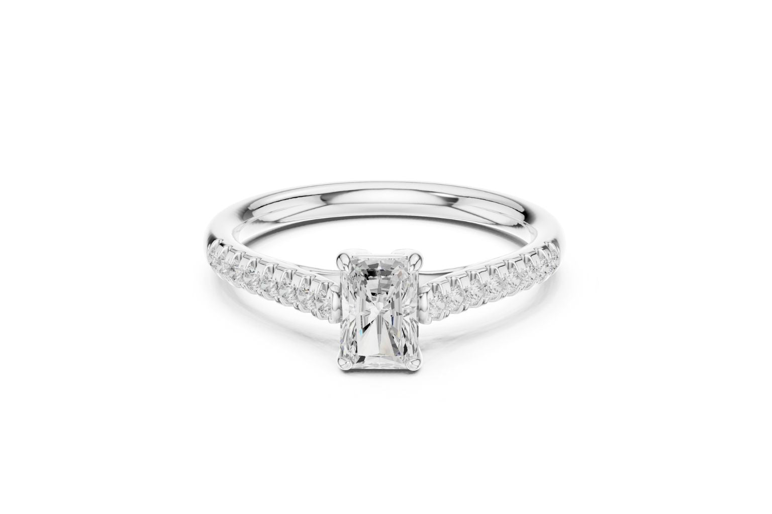 A bright silver engagement ring showcasing a rectangular radiant-cut diamond set between two sweeping rows of small accent diamonds.