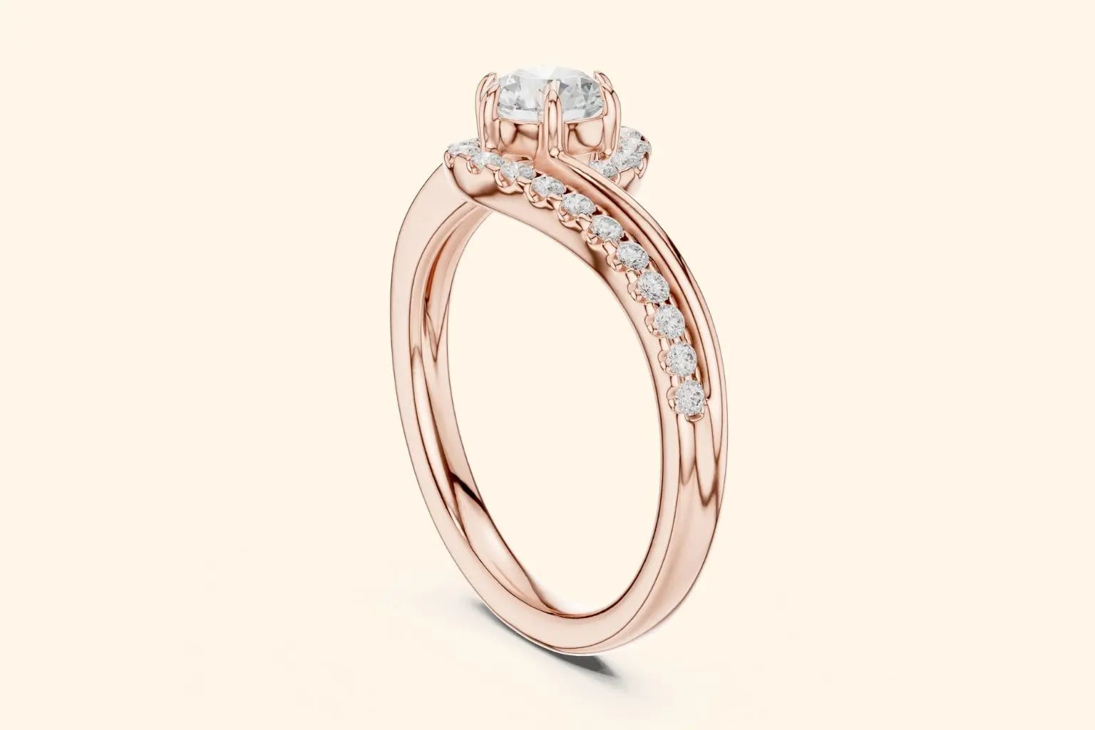 Elegant rose gold engagement ring with round diamond and ribbon-style setting 1