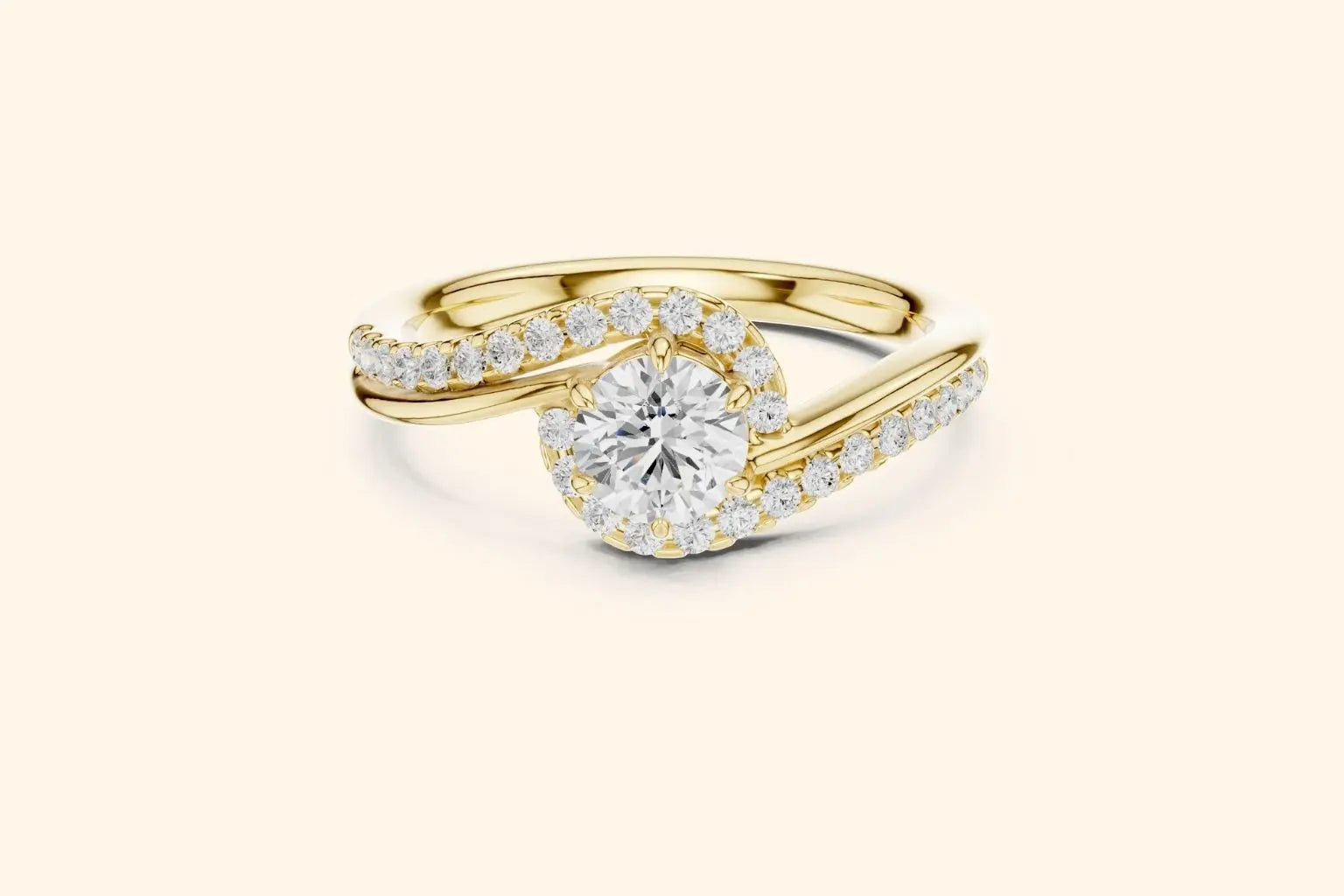 Elegant Real Gold engagement ring with round diamond and ribbon-style setting