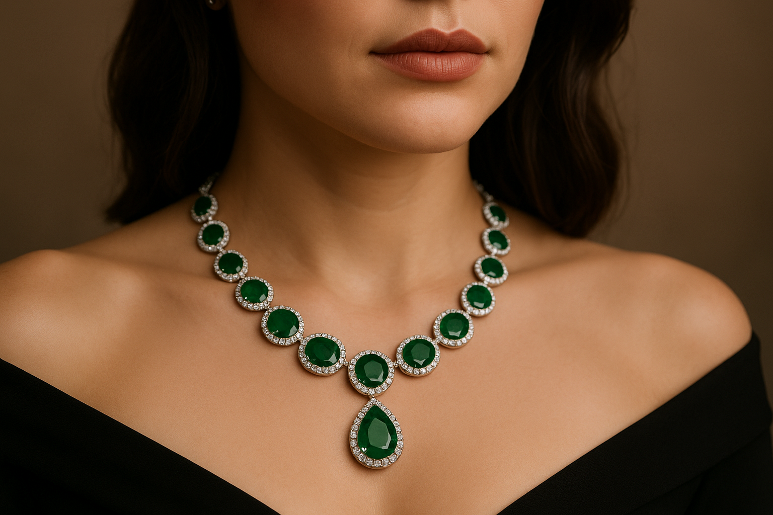Green emerald necklace and woman wearing it