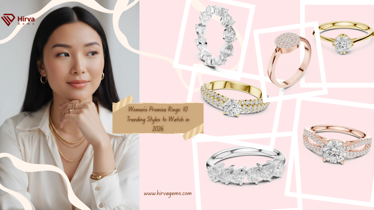 Women wearing elegant promise rings showcasing 2026 trending styles, including lab-grown diamond eternity, halo, solitaire, and minimalist promise rings by Hirva Gems