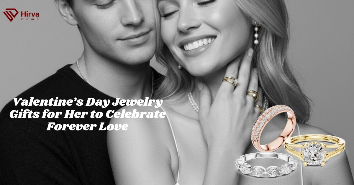 Couple wearing elegant Valentine’s Day jewelry with diamond rings, celebrating forever love with romantic engagement and wedding ring designs.