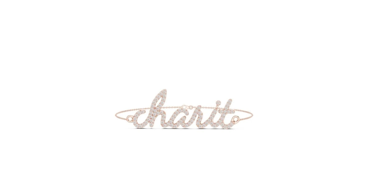 Personalized script name bracelet (Charit) featuring pavé diamonds, set in rose gold with a delicate chain.