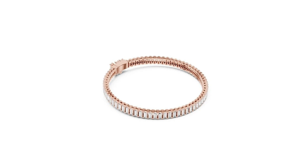 Dual-row tapered baguette diamond bracelet in rose gold with a hidden safety clasp.