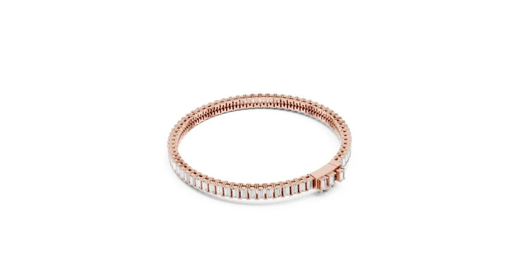 Double-row rose gold baguette and round diamond tennis bracelet, shown in a closed circle.