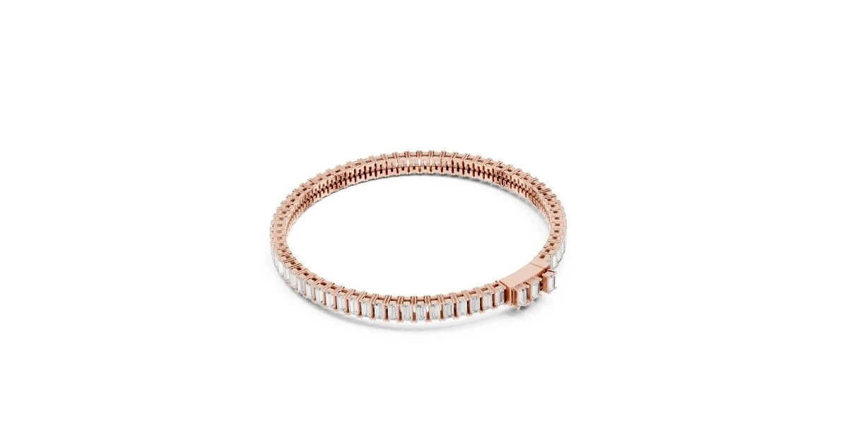 Double-row rose gold baguette and round diamond tennis bracelet, shown in a closed circle.
