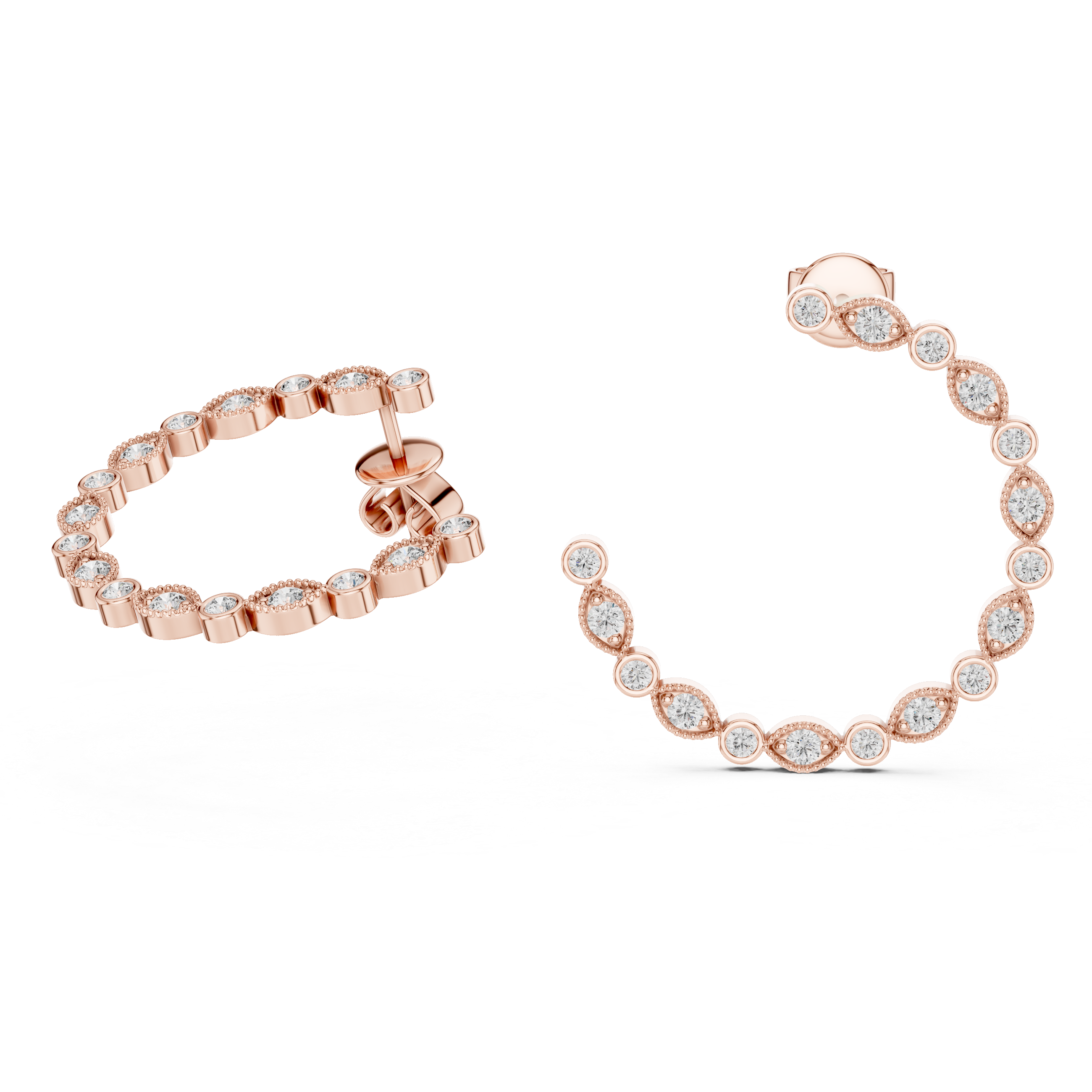 Rose gold hoop earrings with clear gemstones on a white background