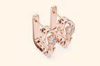Pair of rose gold lever back earrings, each featuring a round brilliant diamond in the center.