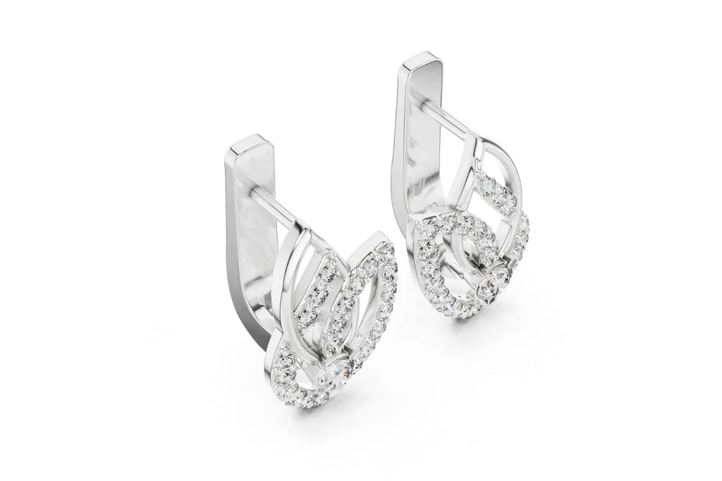 Elegant silver-gold diamond earrings featuring intertwined loops and sparkling round-cut stones.
