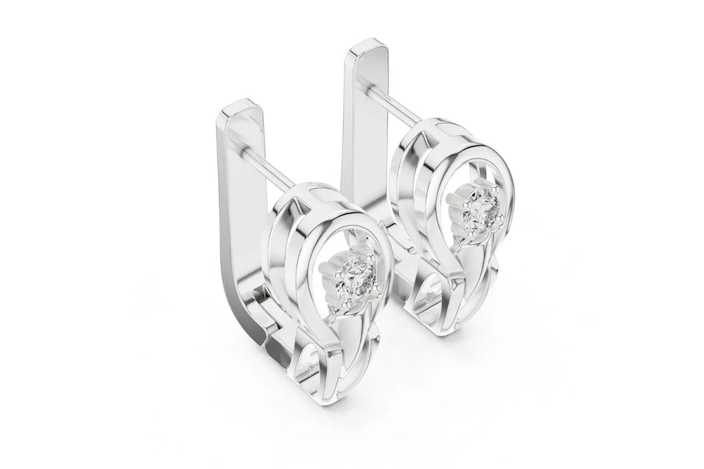 Pair of white silver lever-back earrings, each with a single round diamond.
