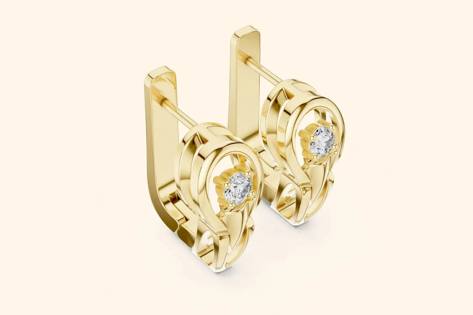 Front view of a pair of polished white gold lever-back earrings, showcasing their contemporary design and a sparkling round diamond in each.