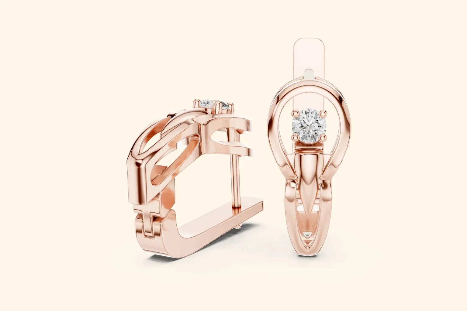 Pair of rose gold lever back earrings, each featuring a round diamond, displayed with one open and one closed.