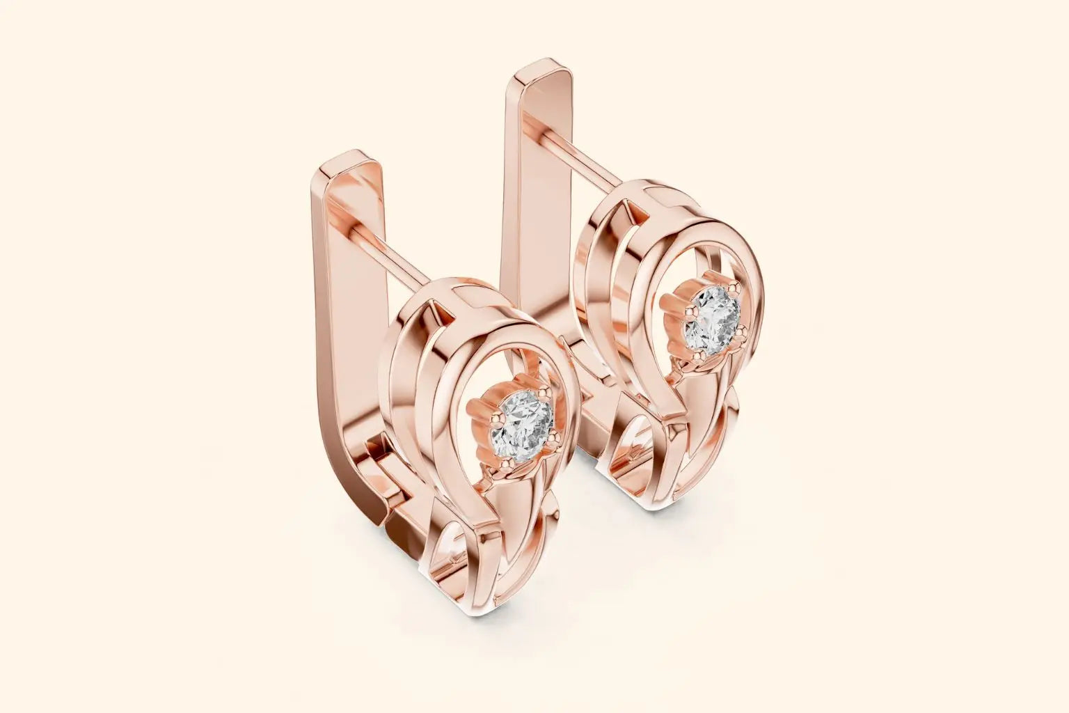 A pair of polished rose gold lever-back earrings, each set with a sparkling round diamond. One earring is open, showing the hinged mechanism; the other is closed.