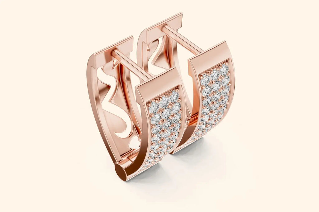Pair of rose gold lever-back earrings with a rectangular pave diamond front.