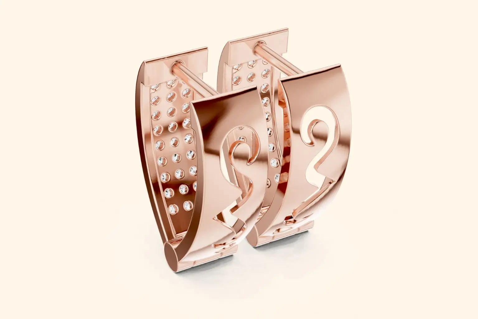 Rose gold lever-back earrings, one with diamonds and one with a cutout design.