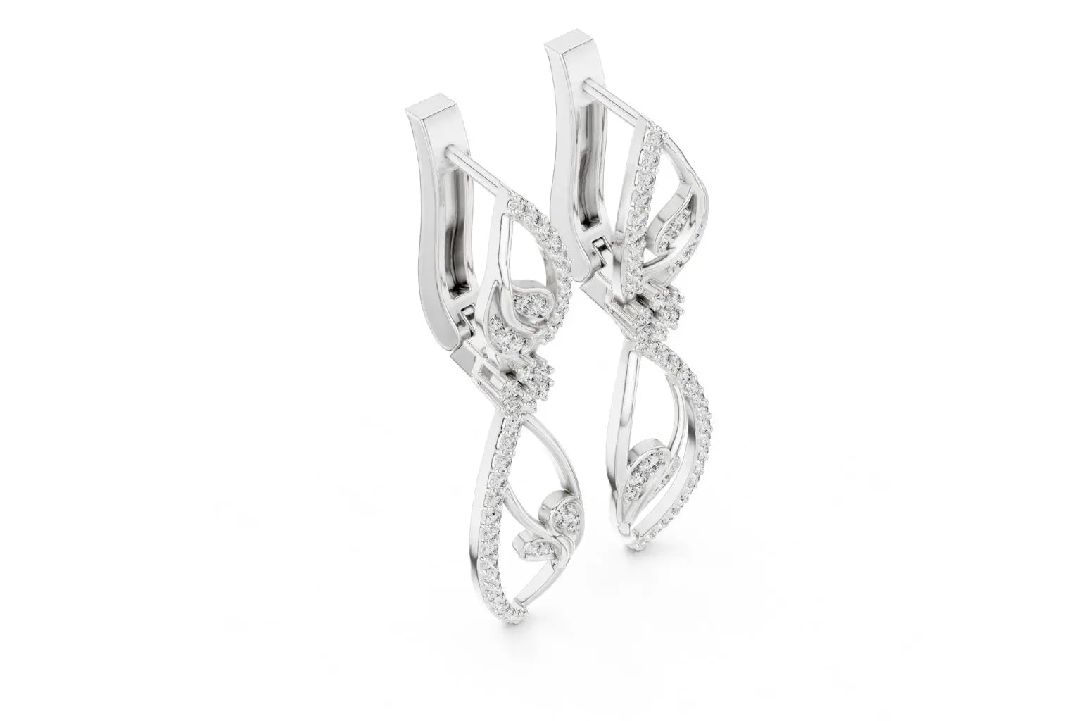 Silver earrings with intricate design on a white background