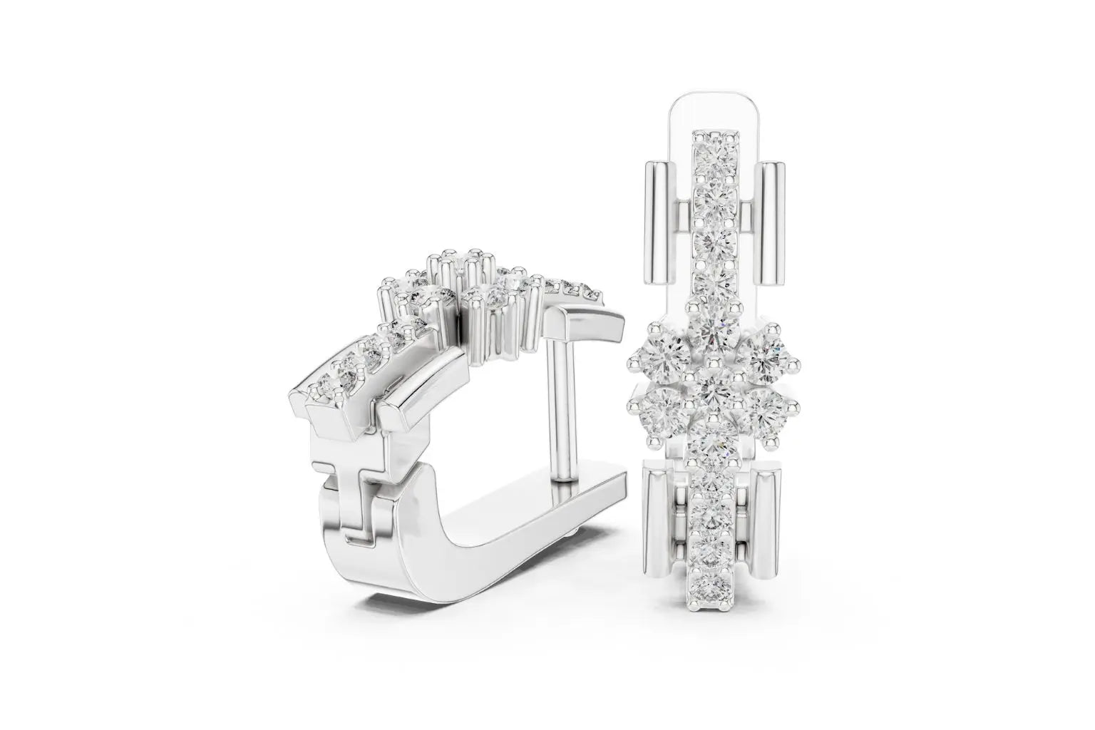 Pair of silver hoop earrings with clear gemstones on a white background