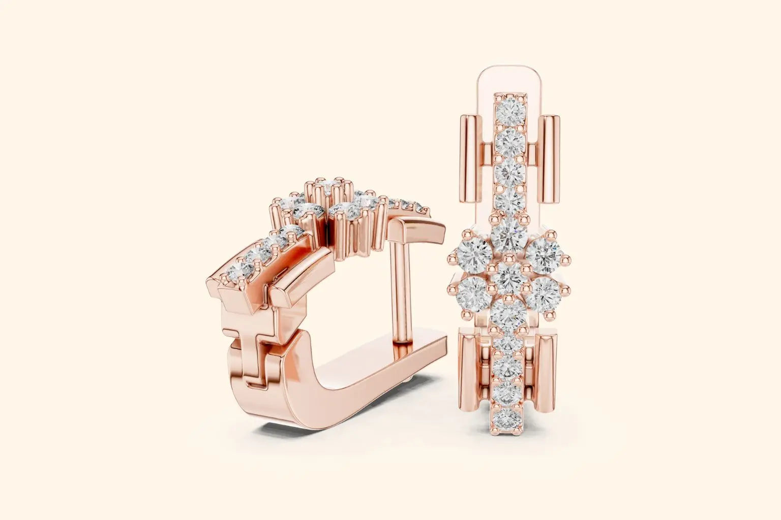 Rose gold hoop earrings with diamond accents on a light beige background