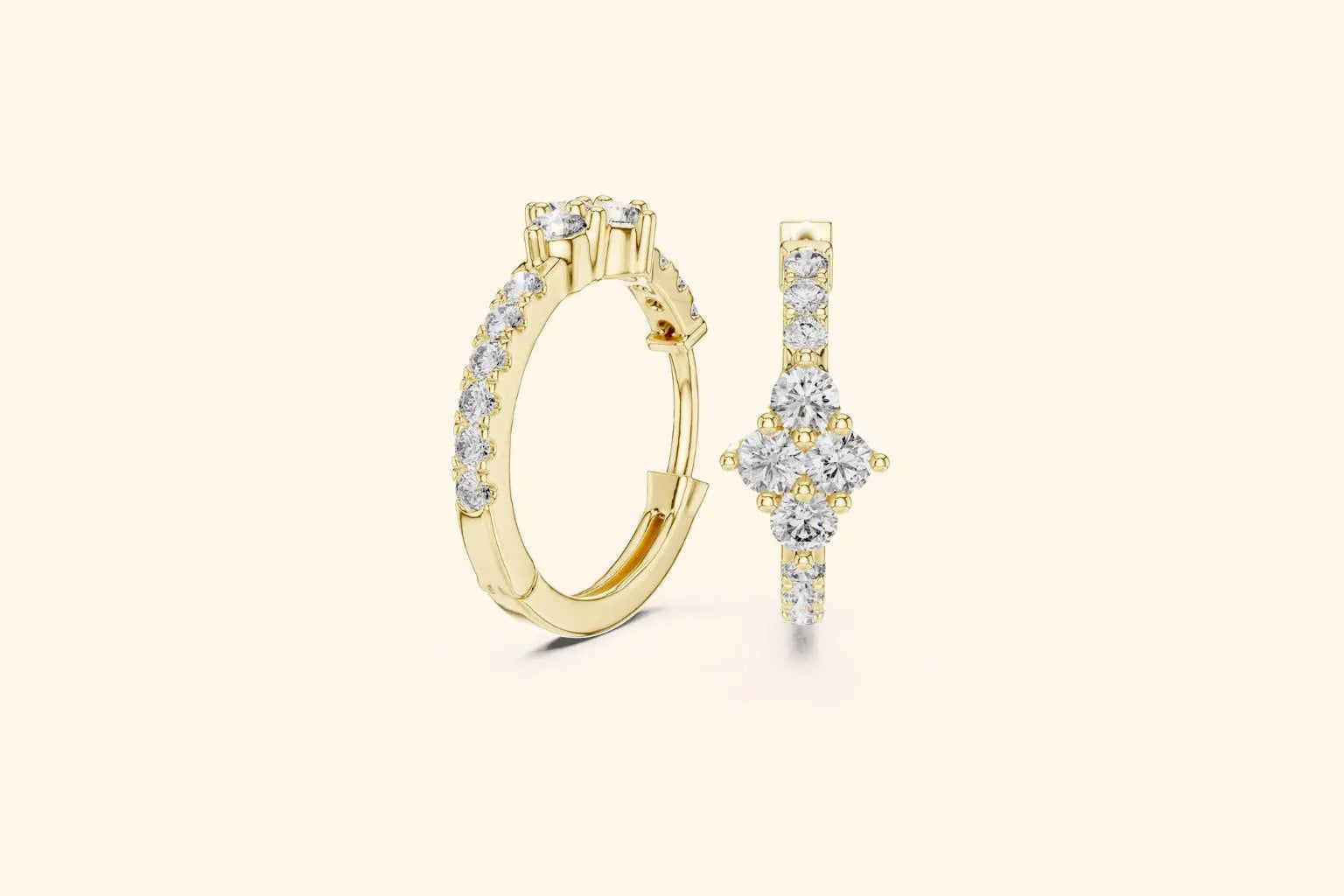 Gold hoop earring with diamond accents on a beige background