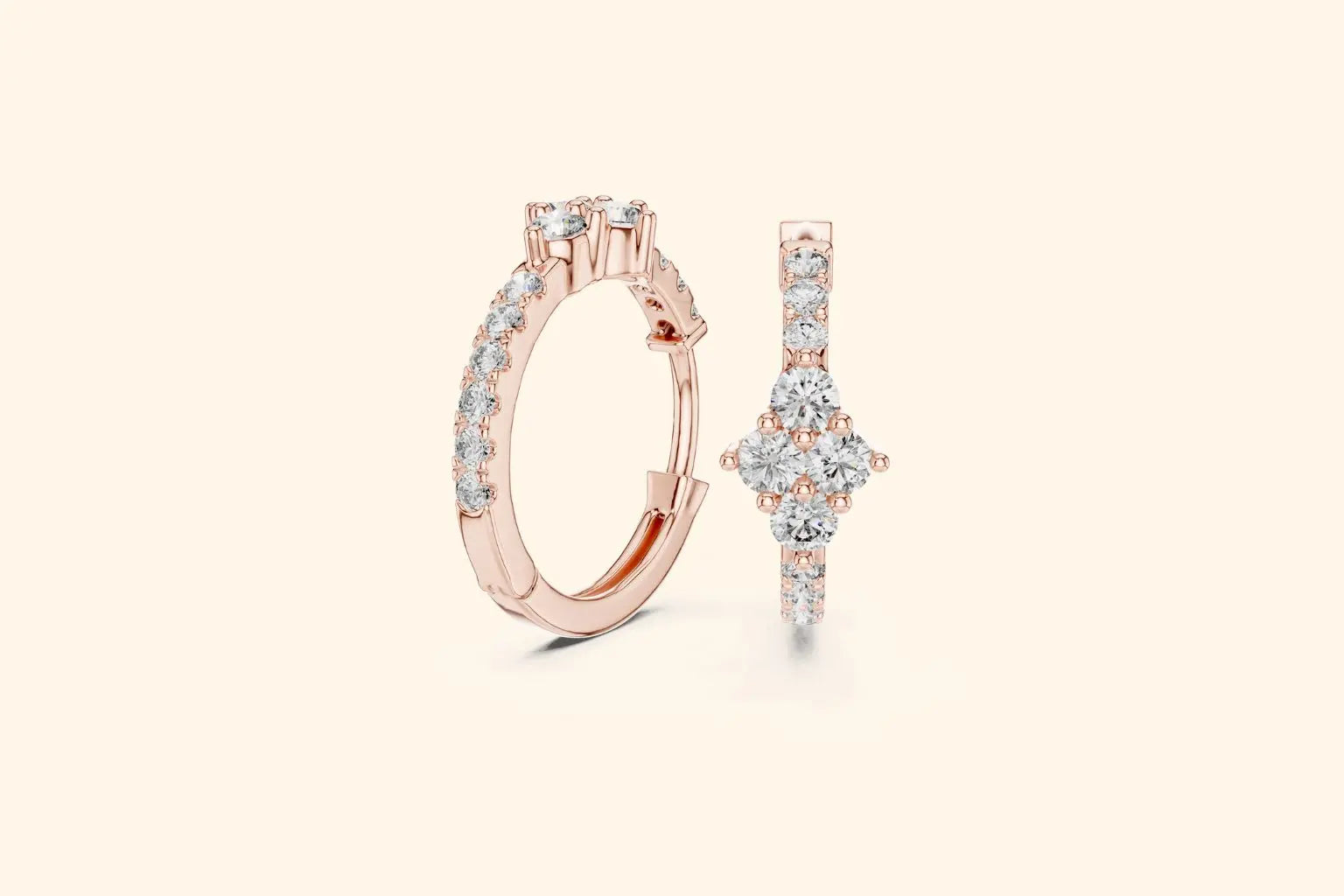 Rose gold hoop earring with a matching pendant on a light beige background