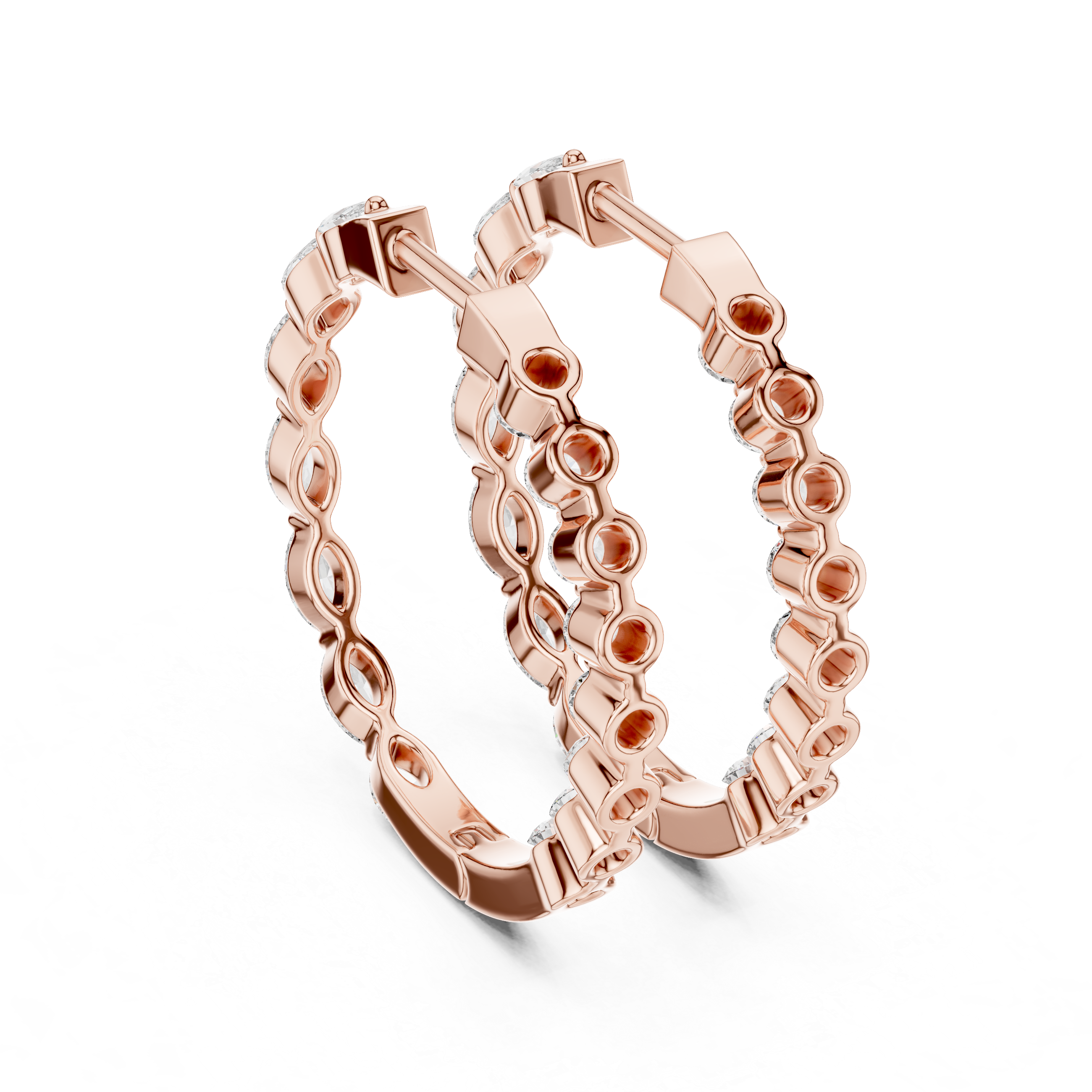 Pair of rose gold hoop earrings on a white background