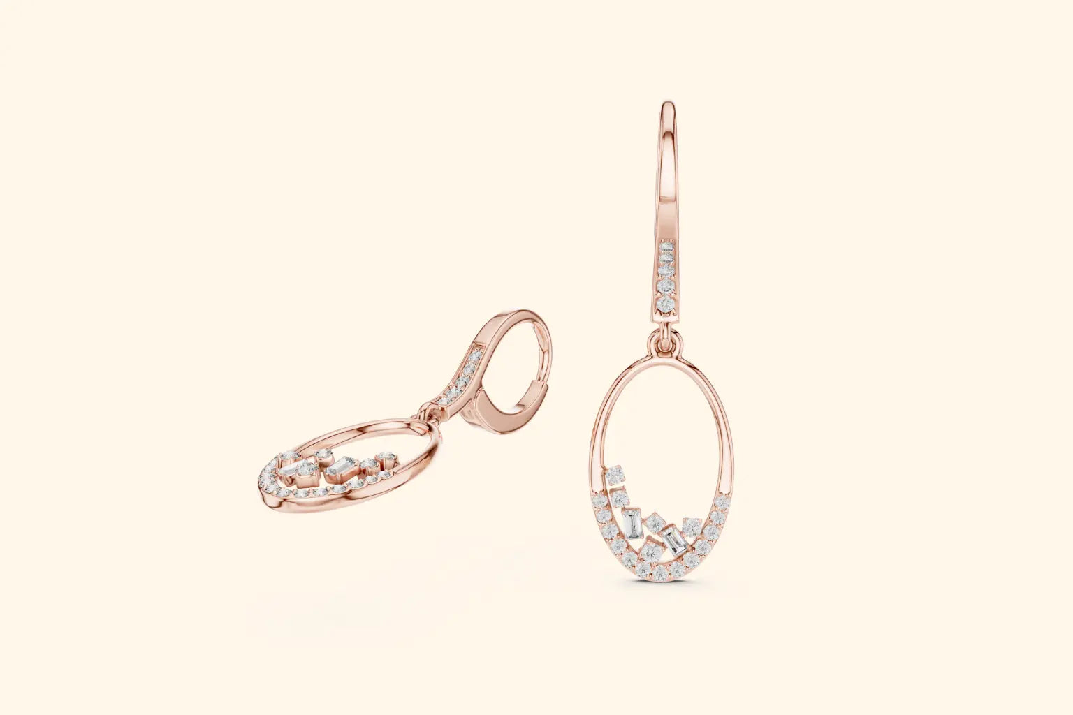 Rose gold earrings with diamond accents on a light pink background