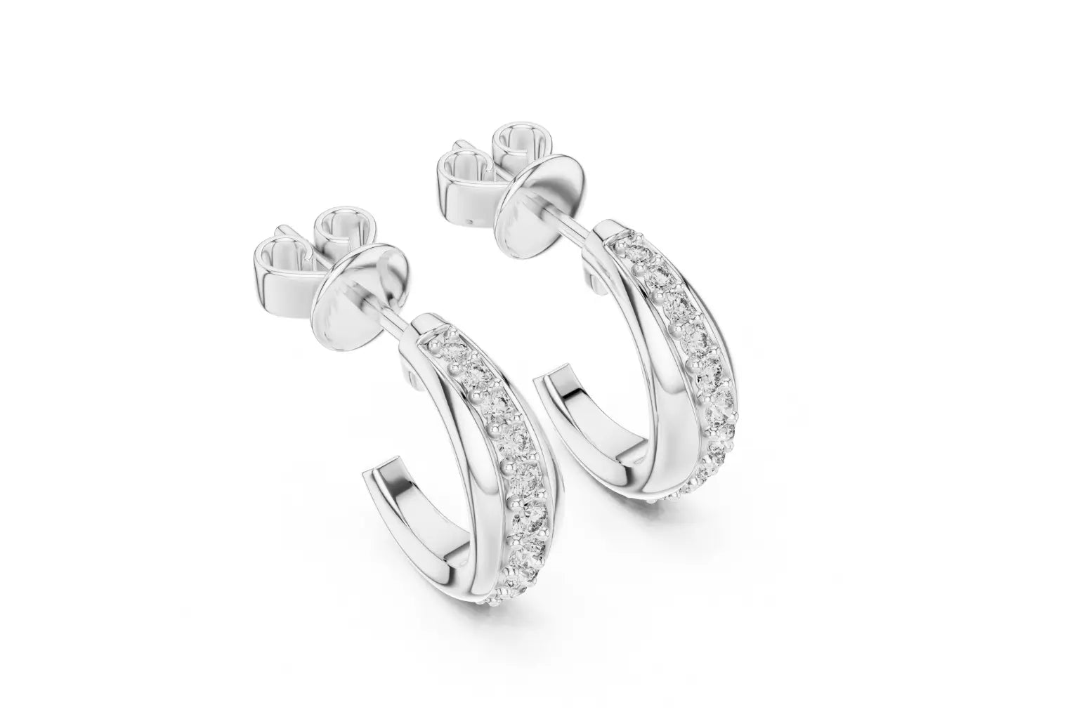 Pair of silver hoop earrings with small diamonds on a white background