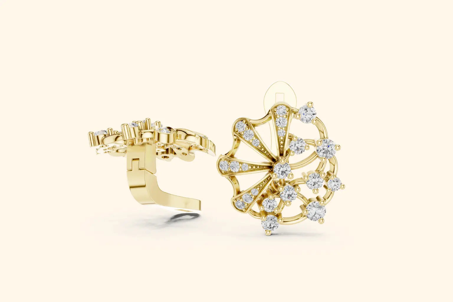 Gold earring with diamond accents on a beige background