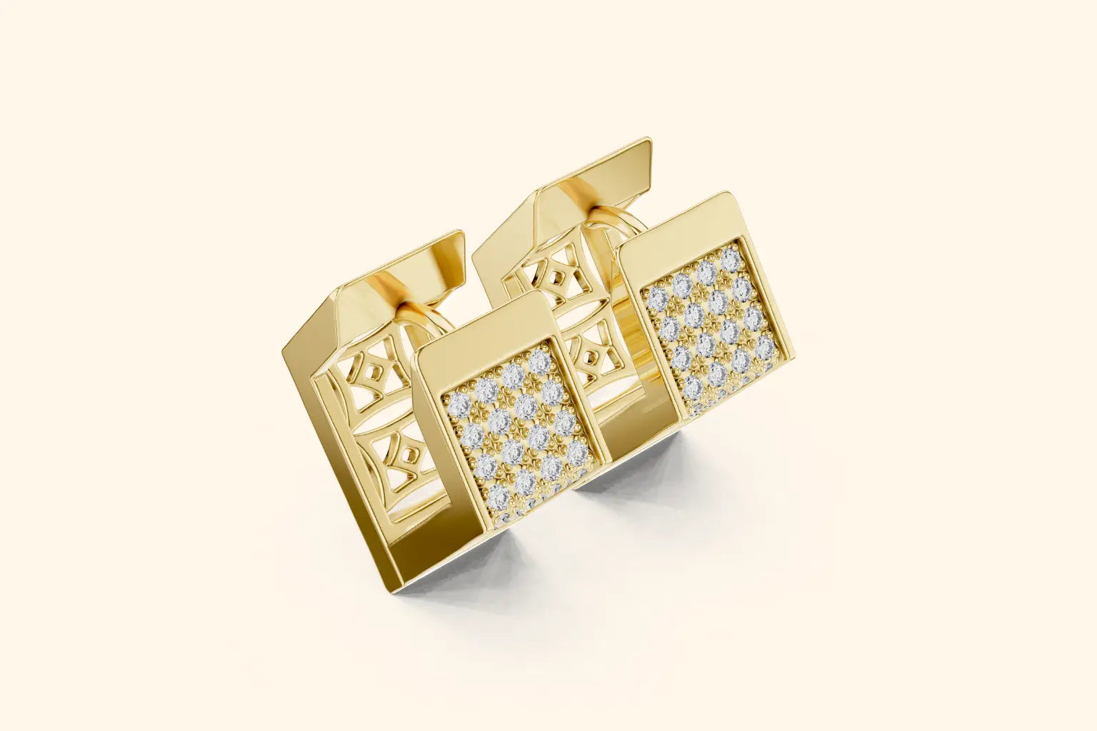 Gold earring with diamond accents on a light beige background