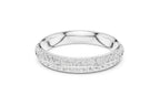 A sparkling silver eternity band ring with two full rows of pave-set round brilliant diamonds around its circumference. The band is highly reflective, and the diamonds are closely set, giving the ring a brilliant, seamless look.