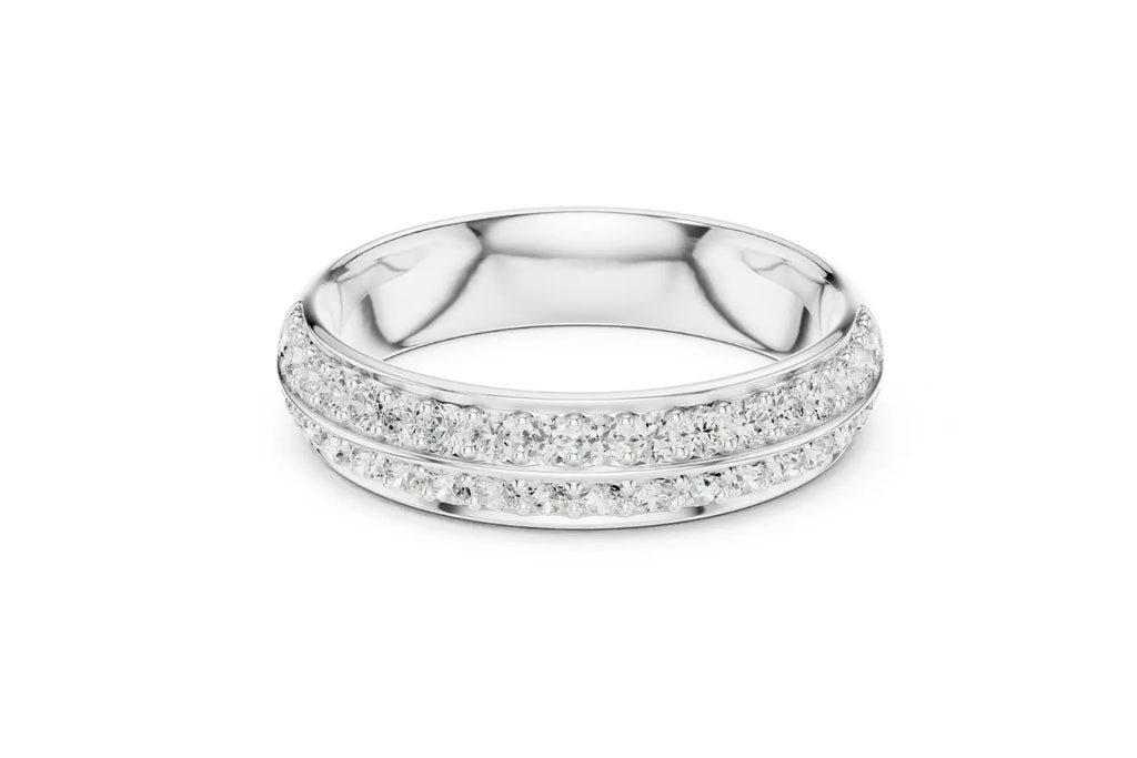 A wide, polished silver band ring featuring two continuous rows of brilliant, pave-set round diamonds that fully encircle the outer band. The ring has a smooth, slightly curved interior and a dazzling, uniform sparkle across the top surface.