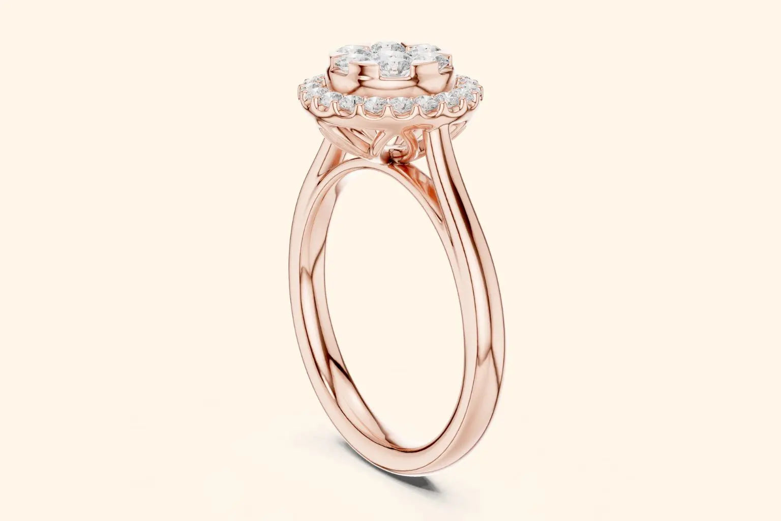 A side-profile view of a slender rose gold ring. The centerpiece is a high-set diamond cluster arranged like a flower, surrounded by a diamond halo. The setting is elevated with a visible support structure beneath the halo.
