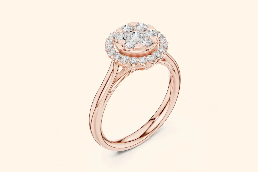 A three-quarter view of a delicate rose gold ring. The head features a prominent cluster of round brilliant diamonds in a floral shape, framed by a sparkling pave diamond halo. The band is thin and highly polished.