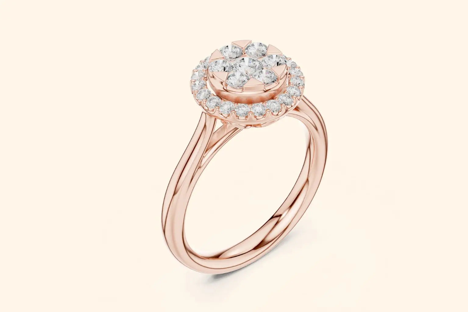 A three-quarter view of a delicate rose gold ring. The head features a prominent cluster of round brilliant diamonds in a floral shape, framed by a sparkling pave diamond halo. The band is thin and highly polished.